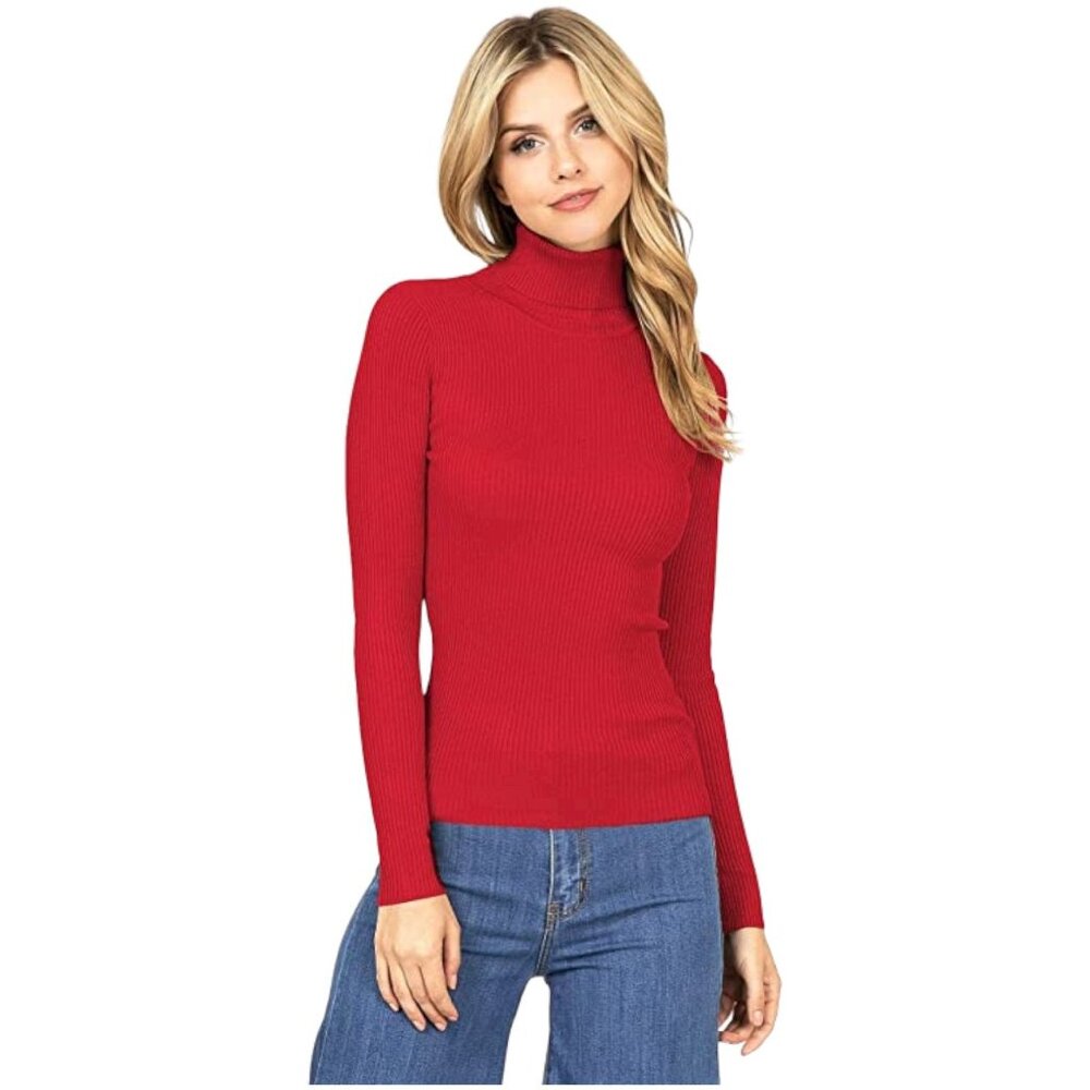 NWT Ambiance Apparel Women's Ribbed Long Sleeve Turtleneck Top in Red Size Mediu